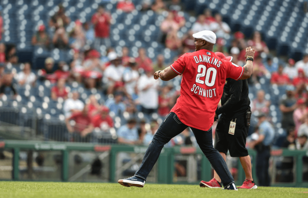 Sep 25, 2021; Philadelphia, Pennsylvania, USA; Philadelphia Eagles former player Brian Dawkins throws out the first pitch before the game between the Philadelphia Phillies and the Pittsburgh Pirates at Citizens Bank Park. Mandatory Credit: John Geliebter-Imagn Images