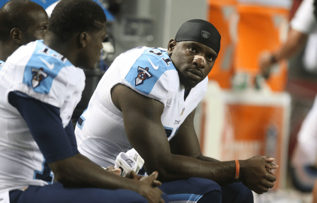 Aug 23, 2014; Atlanta, GA, USA; Tennessee Titans strong safety Bernard Pollard (31) is shown on the sideline during their game against the Atlanta Falcons at the Georgia Dome. The Titans won 24-17. Mandatory Credit: Jason Getz-Imagn Images