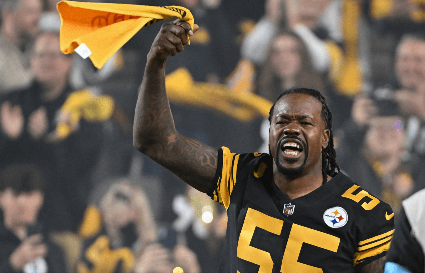 Oct 28, 2024; Pittsburgh, Pennsylvania, USA; Pittsburgh Steelers cornerback Joey Porter Sr. waves the Terrible Towel before a game against the New York Giants at Acrisure Stadium. Mandatory Credit: Barry Reeger-Imagn Images