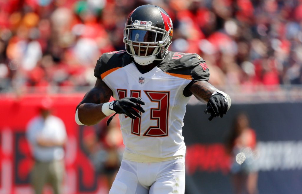 Sep 17, 2017; Tampa, FL, USA; Tampa Bay Buccaneers defensive back T.J. Ward (43) calls a play against the Chicago Bears during the second quarter at Raymond James Stadium. Mandatory Credit: Kim Klement-Imagn Images