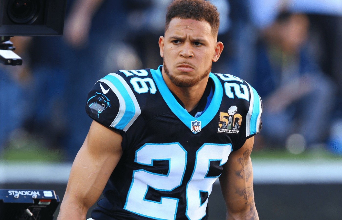 Feb 7, 2016; Santa Clara, CA, USA; Carolina Panthers cornerback Cortland Finnegan (26) against the Denver Broncos during Super Bowl 50 at Levi's Stadium. Mandatory Credit: Mark J. Rebilas-Imagn Images