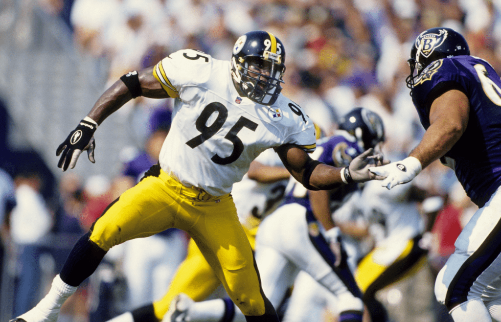 Oct 5, 1997; Baltimore, MD, USA; FILE PHOTO; Pittsburgh Steelers linebacker Greg Lloyd (95) in action against the Baltimore Ravens during the 1997 season at Memorial Stadium. Mandatory Credit: RVR Photos-Imagn Images