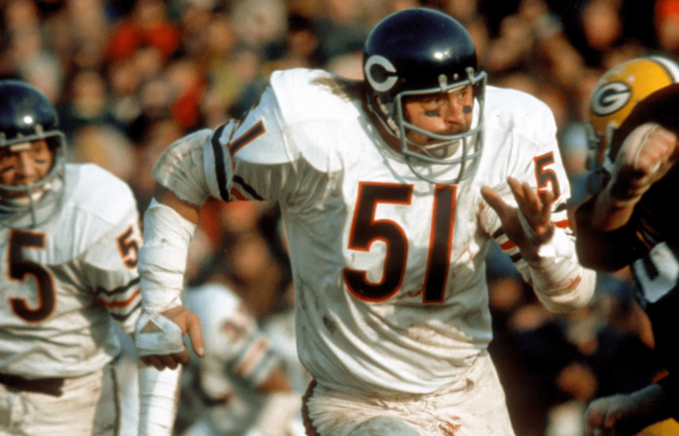 Dec 12, 1971; Green Bay, WI, USA; FILE PHOTO; Chicago Bears linebacker (51) Dick Butkus in action against the Green Bay Packers at Lambeau Field. Mandatory Credit: Tony Tomsic-USA TODAY NETWORK
