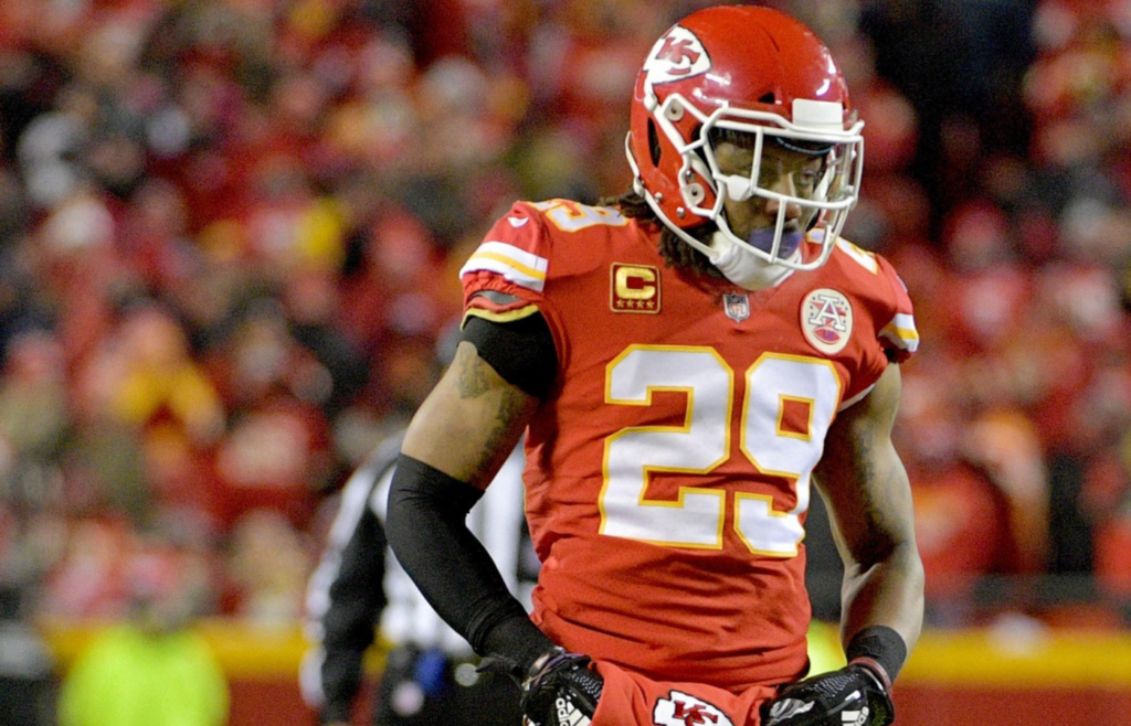 Jan 20, 2019; Kansas City, MO, USA; Kansas City Chiefs defensive back Eric Berry (29) readies for play in the AFC Championship game against the New England Patriots at Arrowhead Stadium. Mandatory Credit: Denny Medley-Imagn Images