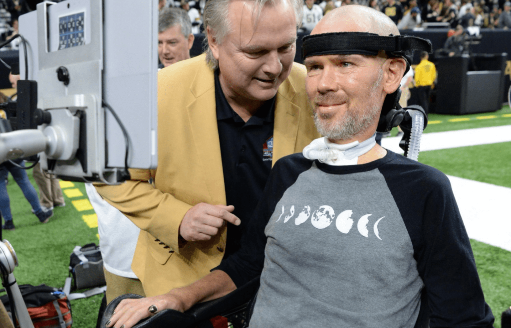 Jan 20, 2019; New Orleans, LA, USA; Hall of famer Morten Andersen with New Orleans Saints former player Steve Gleason before the NFC Championship game against the Los Angeles Rams at Mercedes-Benz Superdome. Mandatory Credit: John David Mercer-Imagn Images