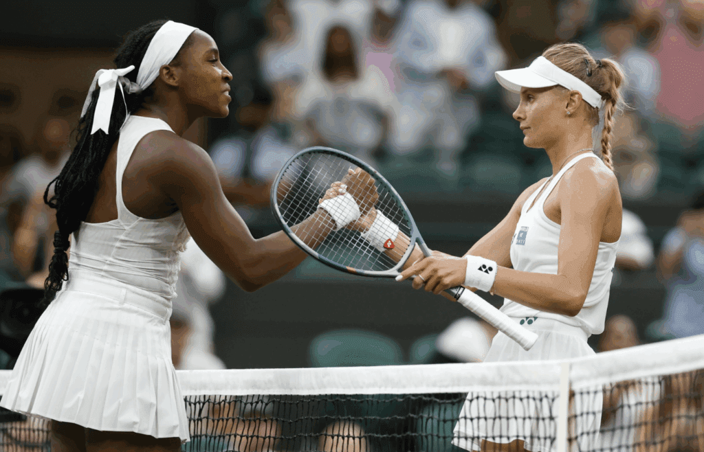 Jul 1, 2025; Wimbledon United Kingdom; Coco Gauff (USA) shakes hands with Dayana Yastremska (UKR)(R) at the net after their match on day 2 of The Championships, Wimbledon 2025 at All England Lawn Tennis and Croquet Club. Mandatory Credit: Geoff Burke-Imagn Images