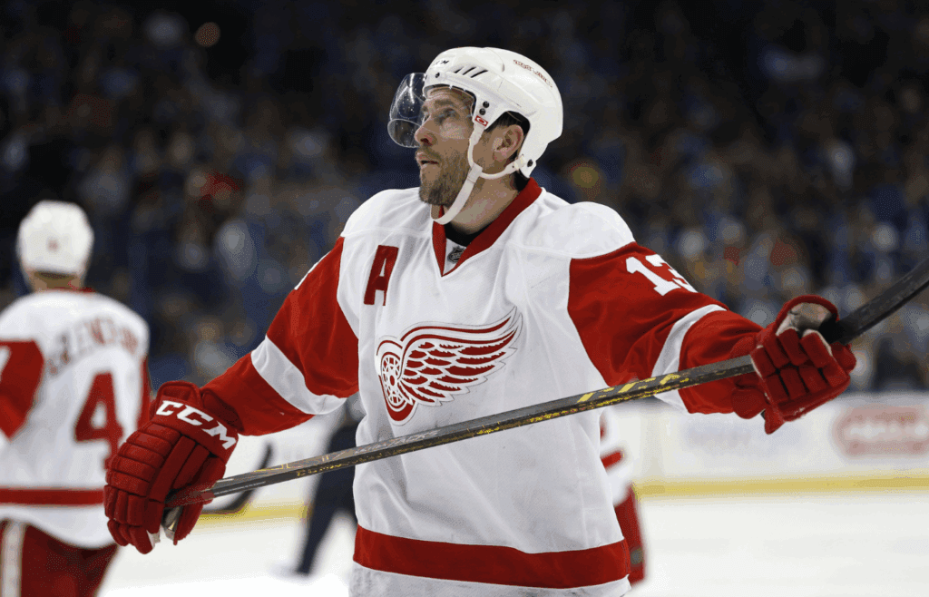 Apr 21, 2016; Tampa, FL, USA; Detroit Red Wings center Pavel Datsyuk (13) looks on after losing to the Tampa Bay Lightning in game five of the first round of the 2016 Stanley Cup Playoffs at Amalie Arena. Tampa Bay Lightning defeated the Detroit Red Wings 1-0. Mandatory Credit: Kim Klement-Imagn Images