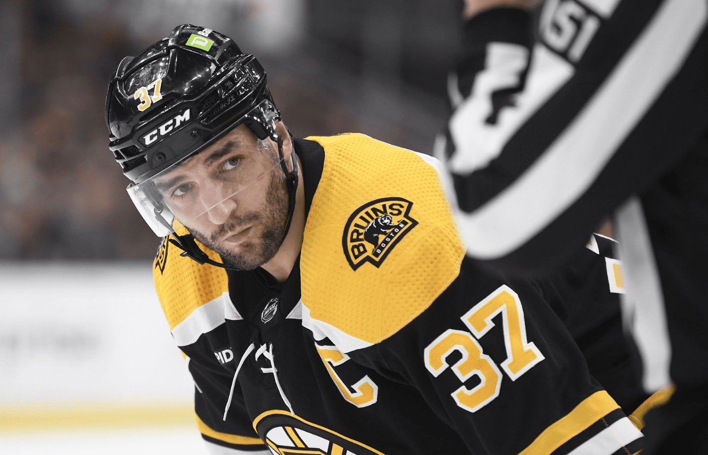Apr 26, 2023; Boston, Massachusetts, USA; Boston Bruins center Patrice Bergeron (37) gets ready for a face-off during the first period in game five of the first round of the 2023 Stanley Cup Playoffs against the Florida Panthers at TD Garden. Mandatory Credit: Bob DeChiara-Imagn Images