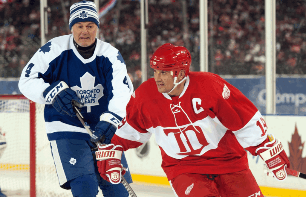 Dec 31, 2013; Detroit, MI, USA; Detroit Red Wings former forward Steve Yzerman (19) during the Alumni Showdown against the Toronto Maple Leafs as part of the Winter Classic at Comerica Park. Mandatory Credit: Tim Fuller-Imagn Images