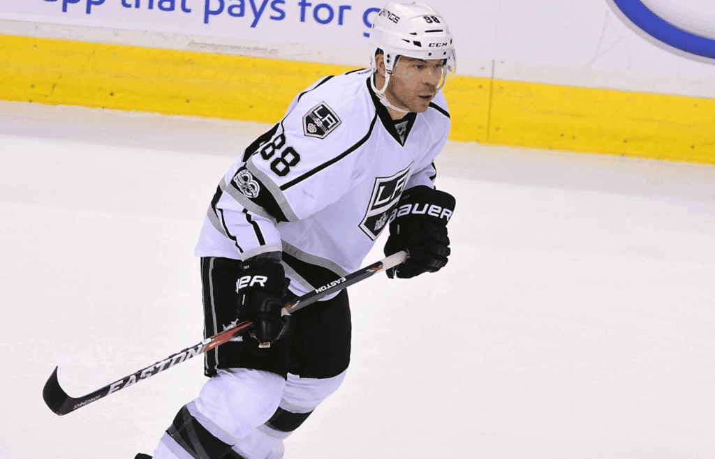 Mar 31, 2017; Vancouver, British Columbia, CAN; Los Angeles Kings forward Jarome Iginla (88) skates around some debris on the ice during the third period at Rogers Arena. The Los Angeles Kings won 2-0. Mandatory Credit: Anne-Marie Sorvin-Imagn Images