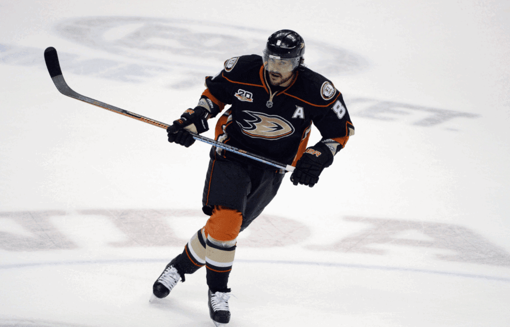 May 16, 2014; Anaheim, CA, USA; Anaheim Ducks right wing Teemu Selanne (8) skates during the first period in game seven of the second round of the 2014 Stanley Cup Playoffs against the Los Angeles Kings at Honda Center. Mandatory Credit: Robert Hanashiro-Imagn Images