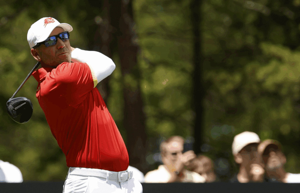 Jun 7, 2025; Gainesville, Virginia, USA; Sergio Garcia of team Fireballs GC hits a tee shot on the fifteenth hole during the second round of the LIV Golf Virginia golf tournament at Robert Trent Jones Golf Club. Mandatory Credit: Geoff Burke-Imagn Images