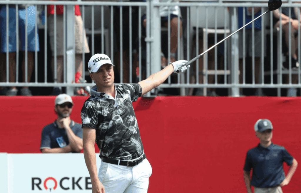 June 30, 2023; Detroit, MI, USA; Justin Thomas tees off on the sixth hole during the second round of the Rocket Mortgage Classic on Friday, June 29, 2023, at the Detroit Golf Club. Mandatory Credit: Kirthmon F. Dozier-Imagn Images