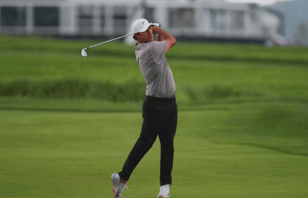 Brooks Koepka watches his shot while on the 18th fairway during the 125TH US Open at Oakmont Country Club in Oakmont, PA on June 15, 2025