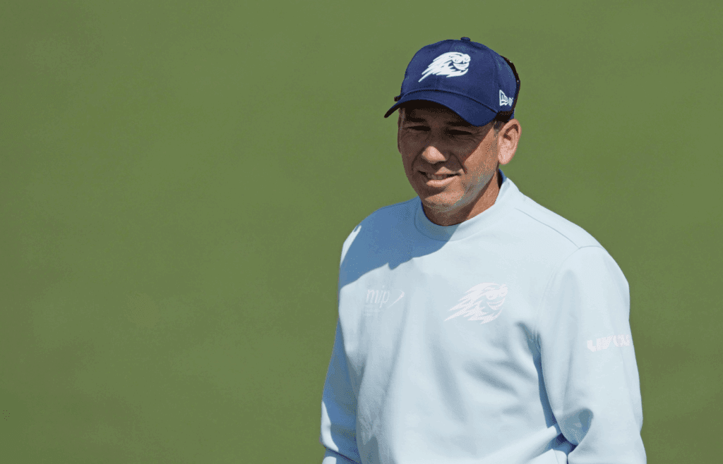 Apr 9, 2025; Augusta, Georgia, USA; Sergio Garcia plays on the second green during a practice round of the Masters Tournament at Augusta National Golf Club. Mandatory Credit: Kyle Terada-Imagn Images