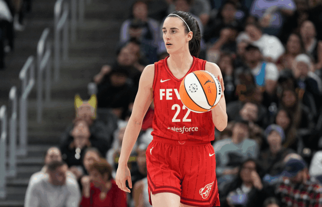 Jun 19, 2025; San Francisco, California, USA; Indiana Fever guard Caitlin Clark (22) dribbles against the Golden State Valkyries during the third quarter at Chase Center. Mandatory Credit: Darren Yamashita-Imagn Images