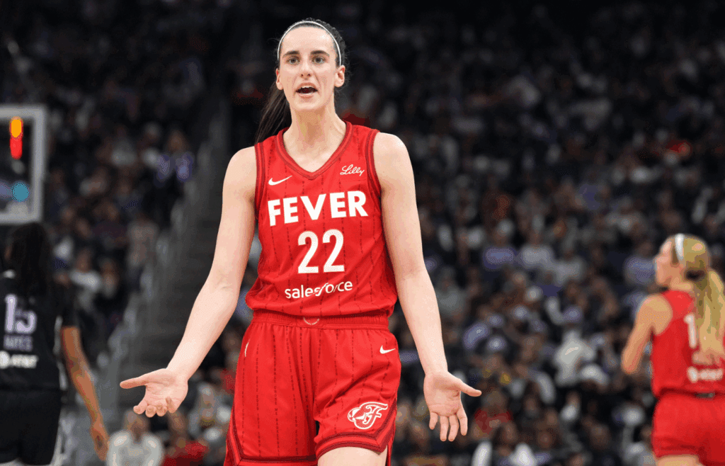 Jun 19, 2025; San Francisco, California, USA; Indiana Fever guard Caitlin Clark (22) gestures during the second quarter against the Golden State Valkyries at Chase Center. Mandatory Credit: Darren Yamashita-Imagn Images