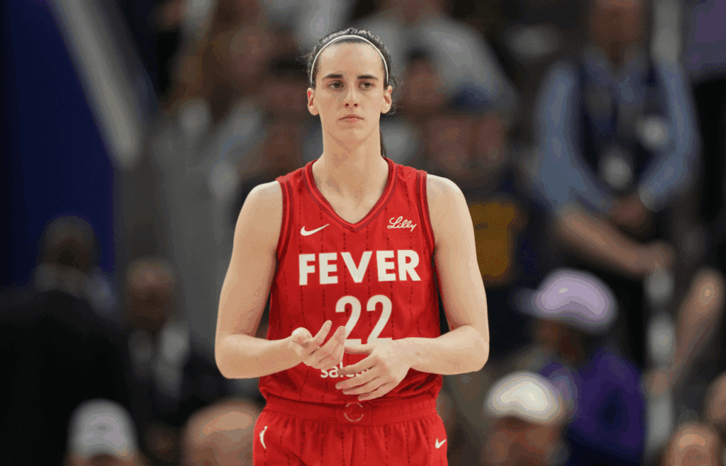 Jun 19, 2025; San Francisco, California, USA; Indiana Fever guard Caitlin Clark (22) during the fourth quarter against the Golden State Valkyries at Chase Center. Mandatory Credit: Darren Yamashita-Imagn Images