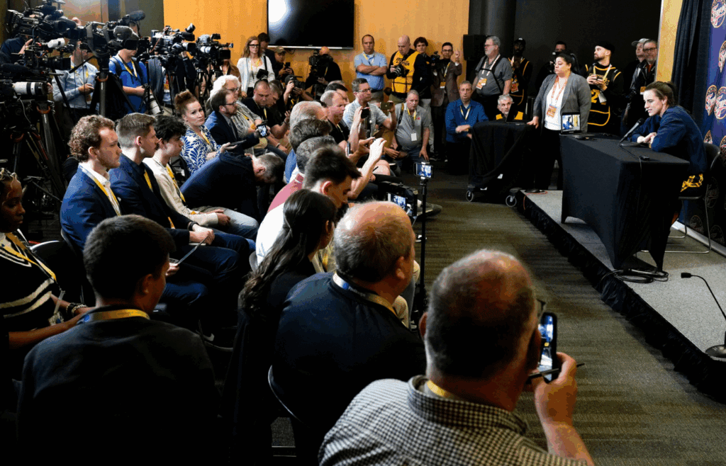 Indiana Fever guard Caitlin Clark (22) talks to media before an Indiana Fever game against the Brazil National Team May 4, 2025 at Carver-Hawkeye Arena in Iowa City, Iowa.