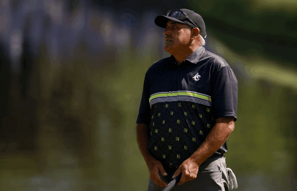 Apr 10, 2025; Augusta, Georgia, USA; Angel Cabrera reacts to his put on no. 16 during the first round of the Masters Tournament. Mandatory Credit: Peter Casey-Imagn Images