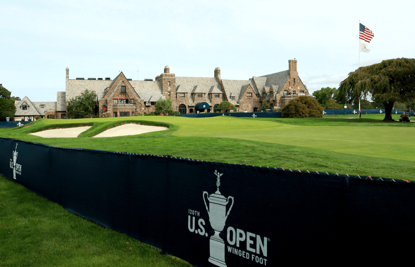Sep 14, 2020; Mamaroneck, New York, USA; General view of the clubhouse during a practice round for the 2020 U.S. Open golf tournament at Winged Foot Golf Club - West. Mandatory Credit: Brad Penner-Imagn Images