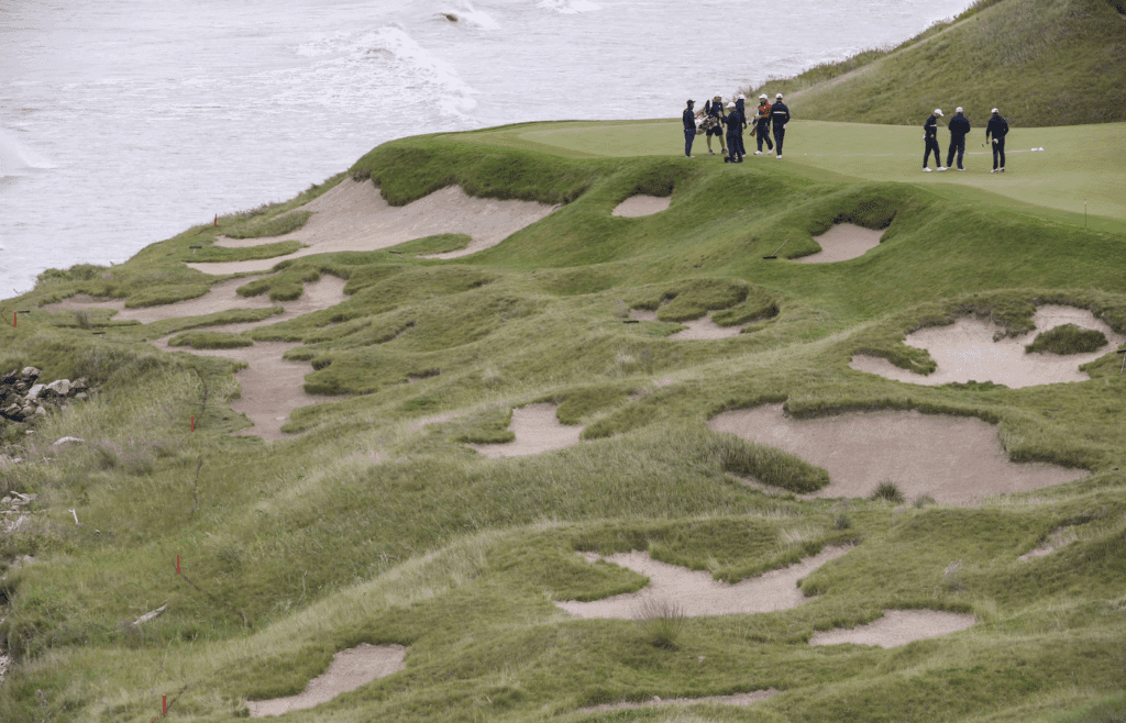 September 23, 2021; Haven, Wisconsin, USA; General view of the third green during a practice round for the 43rd Ryder Cup golf competition at Whistling Straits. Mandatory Credit: Orlando Ramirez-Imagn Images