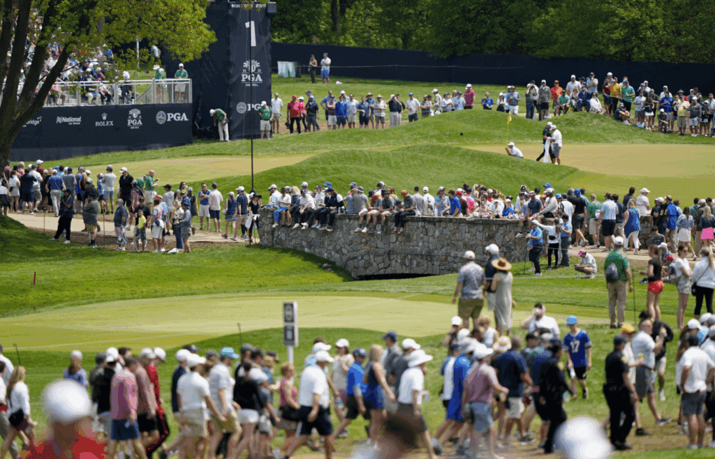 May 21, 2023; Rochester, New York, USA; A general view of patrons watching the final round of the PGA Championship golf tournament at Oak Hill Country Club. Mandatory Credit: Adam Cairns-Imagn Images