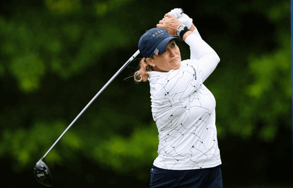Jun 23, 2022; Bethesda, Maryland, USA; Cristie Kerr plays her shot from the 11th tee during the first round of the KPMG Women's PGA Championship golf tournament at Congressional Country Club. Mandatory Credit: Scott Taetsch-Imagn Images