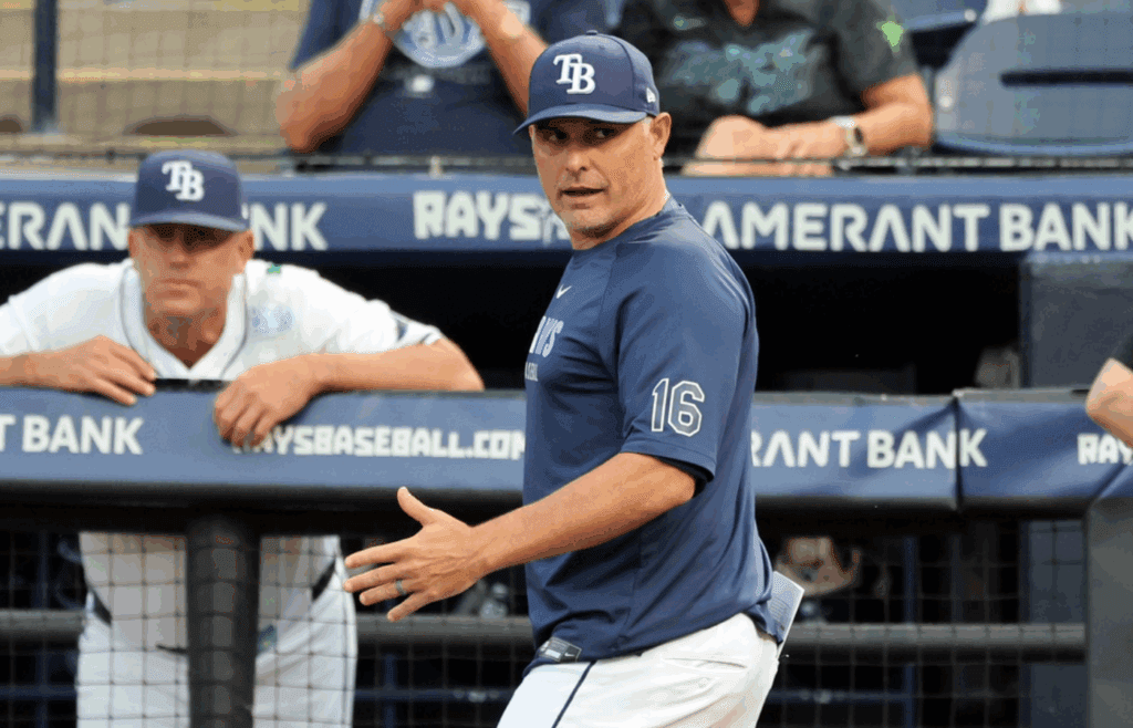 Jun 4, 2025; St. Petersburg, Florida, USA; Tampa Bay Rays manager Kevin Cash (16) against the Texas Rangers during the first inning at George M. Steinbrenner Field. Mandatory Credit: Kim Klement Neitzel-Imagn Images