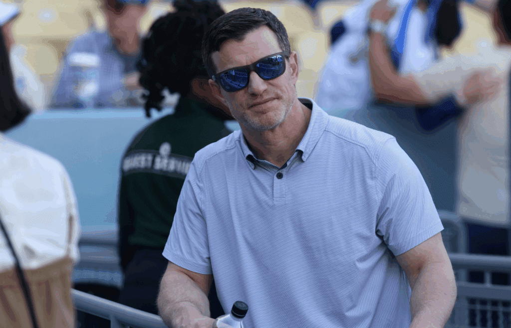 Apr 11, 2025; Los Angeles, California, USA; Los Angeles Dodgers president of baseball operations Andrew Friedman before a game against the Chicago Cubs at Dodger Stadium. Mandatory Credit: Kiyoshi Mio-Imagn Images
