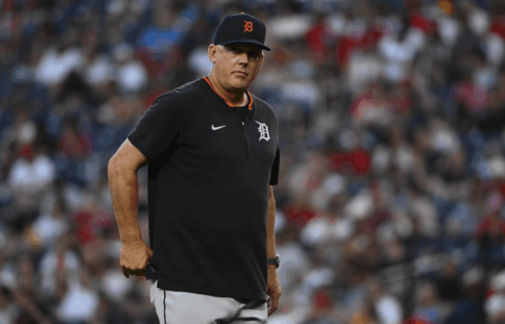 Jul 3, 2025; Washington, District of Columbia, USA; Detroit Tigers manager A.J. Hinch on the field against the Washington Nationals during the fifth inning at Nationals Park. Mandatory Credit: Brad Mills-Imagn Images
