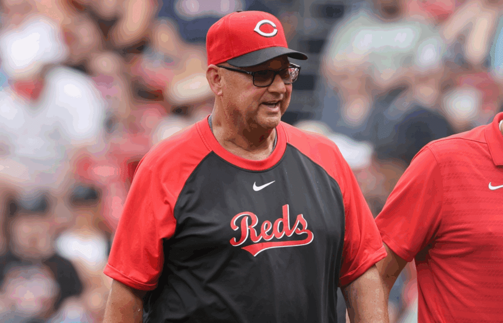 Jul 2, 2025; Boston, MA, USA; Cincinnati Reds manager Terry Francona (77) reacts during the sixth inning against the Boston Red Sox at Fenway Park. Mandatory Credit: Paul Rutherford-Imagn Images