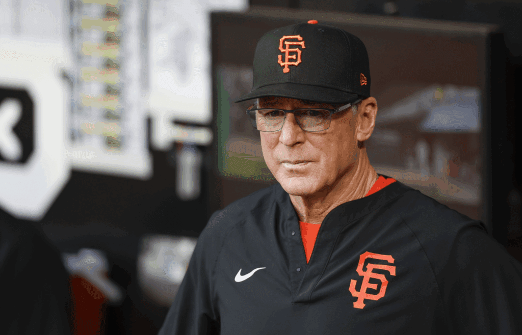 Jun 27, 2025; Chicago, Illinois, USA; San Francisco Giants manager Bob Melvin (6) looks on from the dugout before a baseball game against the Chicago White Sox at Rate Field. Mandatory Credit: Kamil Krzaczynski-Imagn Images