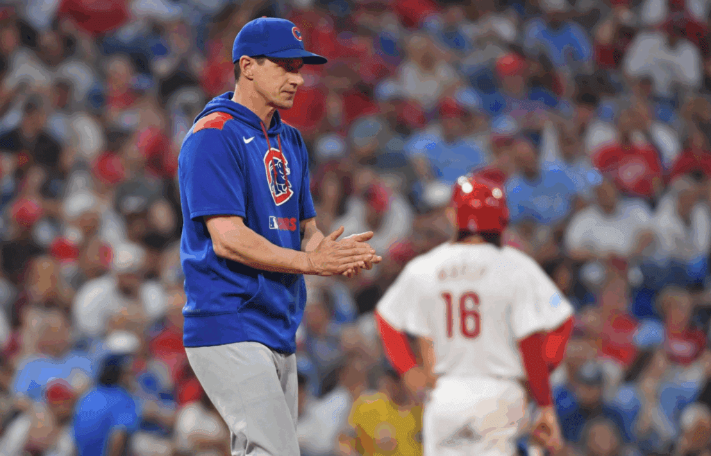 Jun 10, 2025; Philadelphia, Pennsylvania, USA; Chicago Cubs manager Craig Counsell (11) walks to the mound to make a pitching change during the fifth inning against the Philadelphia Phillies at Citizens Bank Park. Mandatory Credit: Eric Hartline-Imagn Images