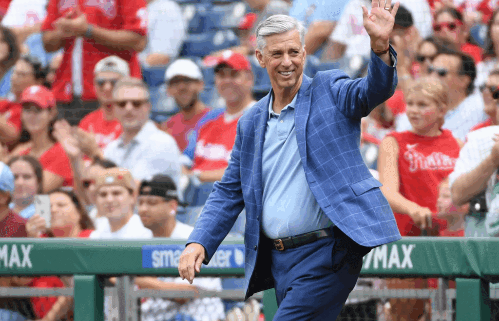 Aug 18, 2024; Philadelphia, Pennsylvania, USA; Former Philadelphia Phillies president Dave Dombrowski during Phillies Alumni Weekend and the 20th anniversary of Citizens Bank Park before game against the Washington Nationals at Citizens Bank Park. Mandatory Credit: Eric Hartline-Imagn Images