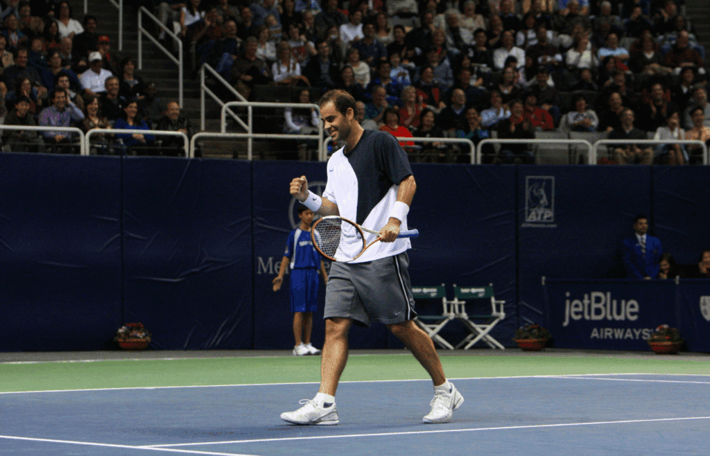 Feb. 18, 2008; San Jose, CA, USA; Pete Sampras (USA) celebrates a point against Tommy Haas (GER), not pictured, in the exhibition match during the SAP Open men's tennis tournament at HP Pavilion in San Jose, CA. Sampras defeated Haas 6-4, 6-2. Mandatory Credit: Kyle Terada-Imagn Images