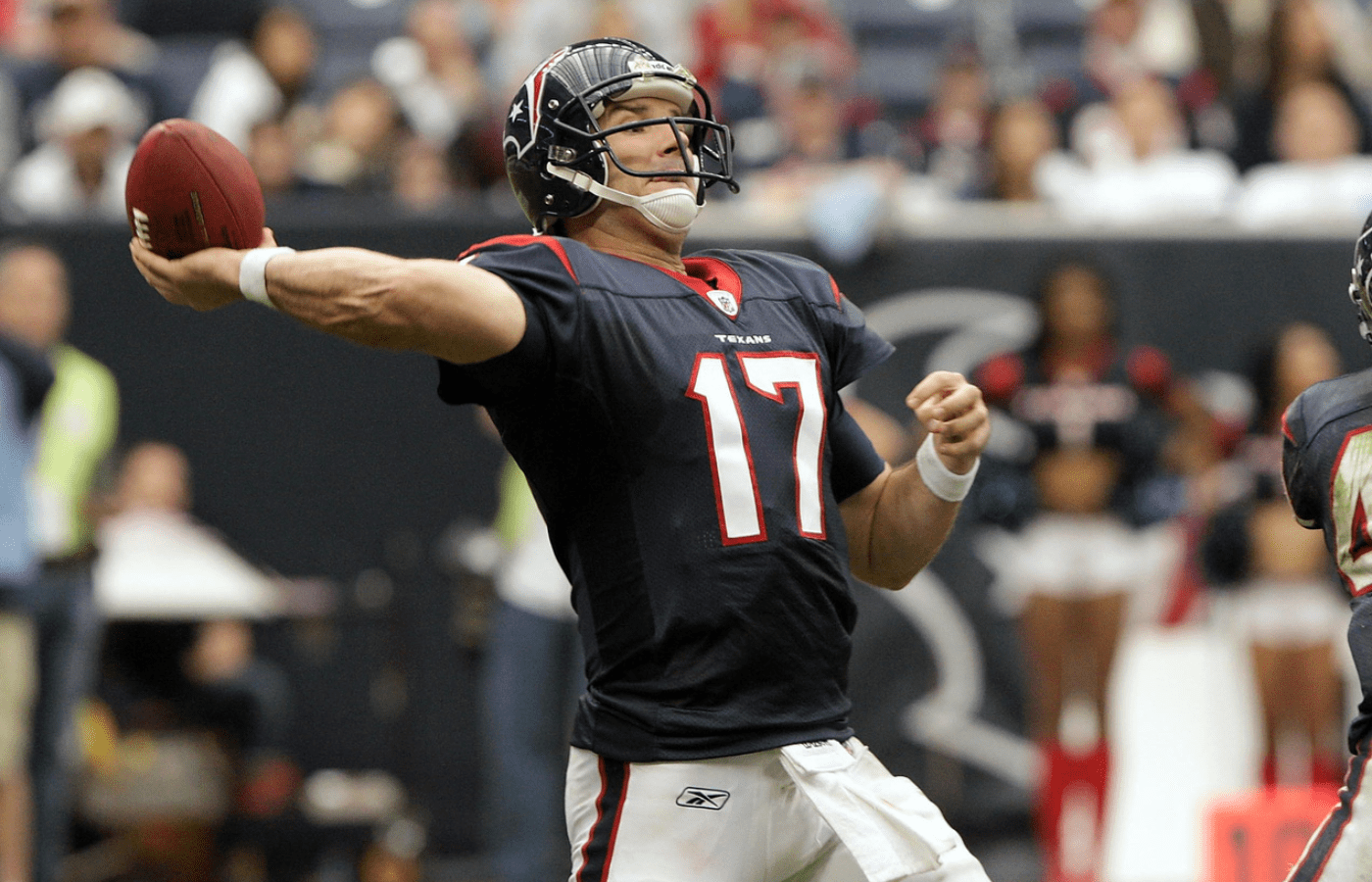 January 01, 2012; Houston, TX, USA; Houston Texans quarterback Jake Delhomme (17) throws a pass in the fourth quarter against the Tennessee Titans at Reliant Stadium. The Titans defeated the Texans 23-22. Mandatory Credit: Troy Taormina-Imagn Images