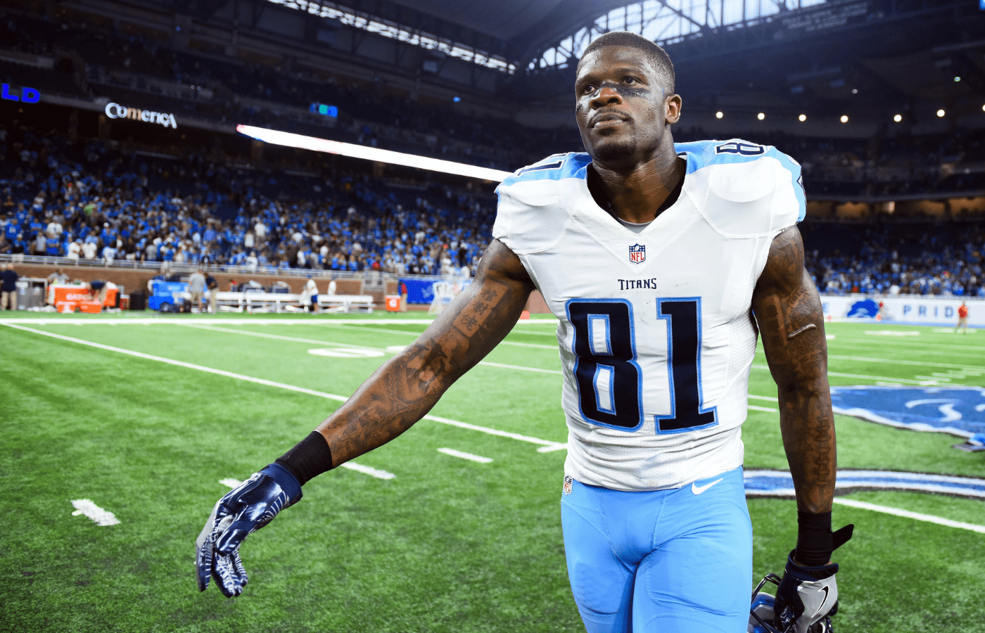 Sep 18, 2016; Detroit, MI, USA; Tennessee Titans wide receiver Andre Johnson (81) after the game against the Detroit Lions at Ford Field. Tennessee won 16-15. Mandatory Credit: Tim Fuller-Imagn Images