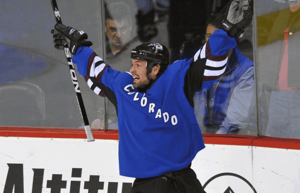 Apr 9, 2010; Denver, CO, USA; Colorado Avalanche right wing Darcy Tucker (16) reacts to his third period goal against the Chicago Blackhawks at the Pepsi Center. The Blackhawks defeated the Avalanche 5-2. Mandatory Credit: Ron Chenoy-Imagn Images