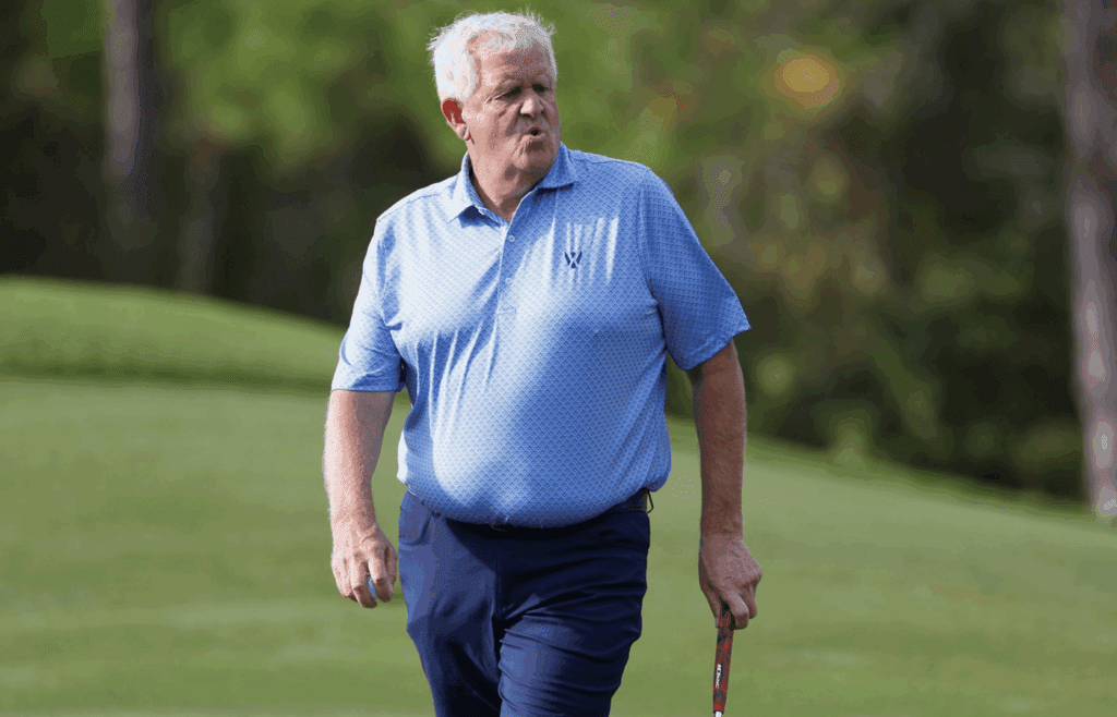 Dec 8, 2023; Bradenton, Florida, USA; Team Europe s Colin Montgomerie reacts to a missed putt on the first hole at The Concession Golf Club. Mandatory Credit: Jeff Swinger-Imagn Images