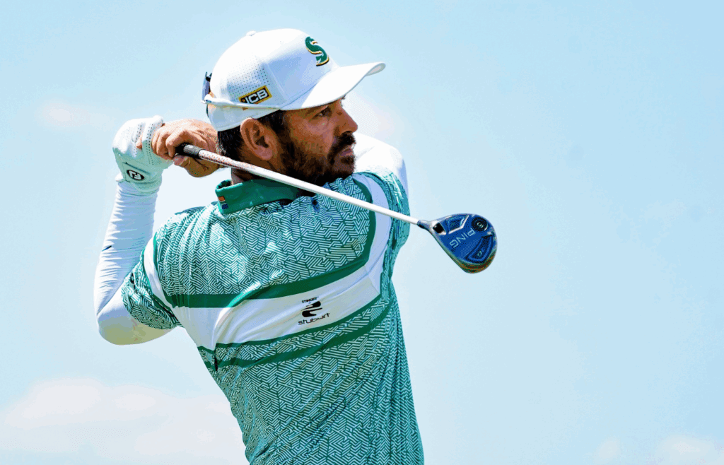Jun 29, 2025; Carrollton, Texas, USA; Louis Oosthuizen plays his shot from the 16th tee during the final round of the LIV Golf Dallas golf tournament at Maridoe Golf Club. Mandatory Credit: Raymond Carlin III-Imagn Images