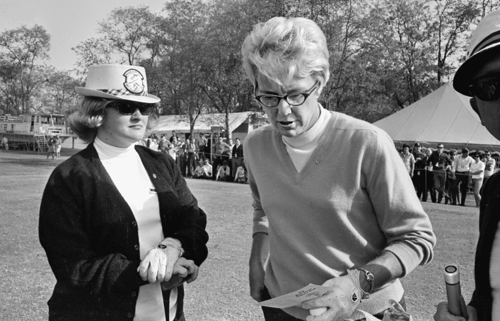 Country songstress Wilma Burgess, left, and golf pro Mickey Wright are waiting to tee off for the first day of the 3rd annual Music City USA Pro-Celebrity Golf tournament Oct. 14, 1967 at Bluegrass Country Club. Music City Golf 38