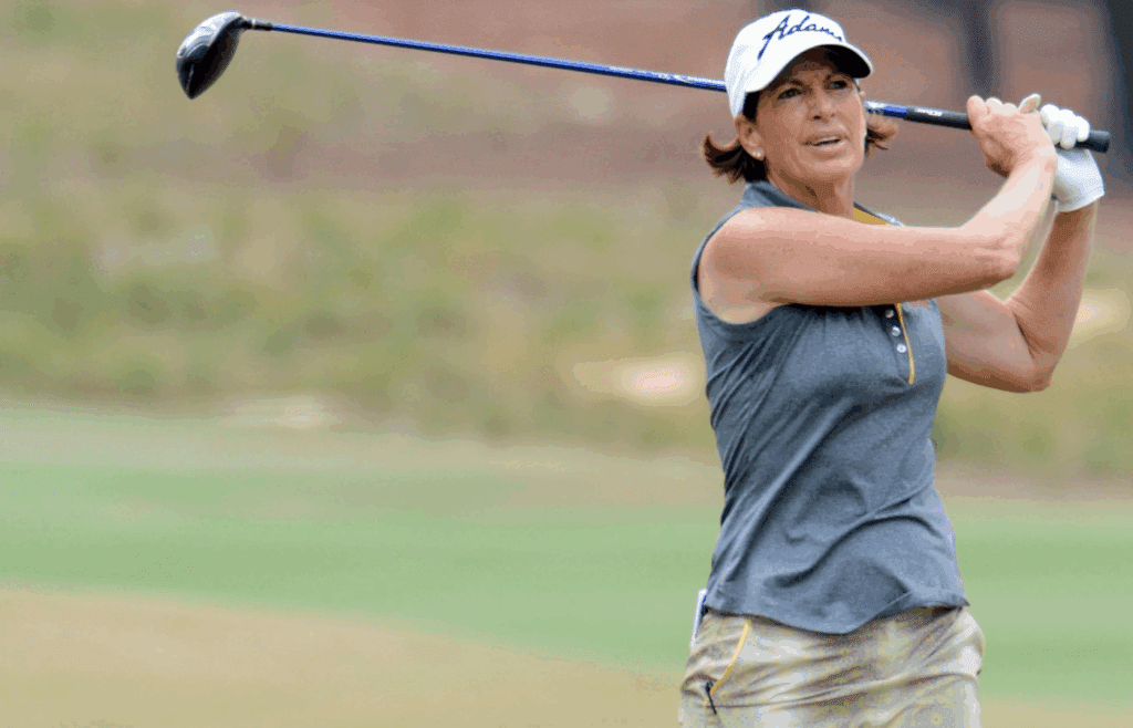 Jun 16, 2014; Pinehurst, NC, USA; Juli Inkster watches her tee shot during the Monday practice round of the U.S. Women's Open at the Pinehurst Resort and Country Club-#2 Course. Mandatory Credit: Rob Kinnan-Imagn Images