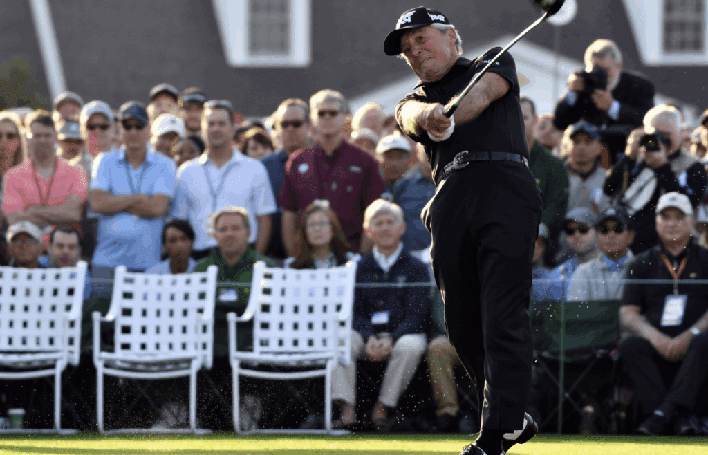 Apr 11, 2019; Augusta, GA, USA; Honorary starter Gary Player hits his ceremonial tee shot on the 1st hole during the first round of The Masters golf tournament at Augusta National Golf Club. Mandatory Credit: Michael Madrid-Imagn Images