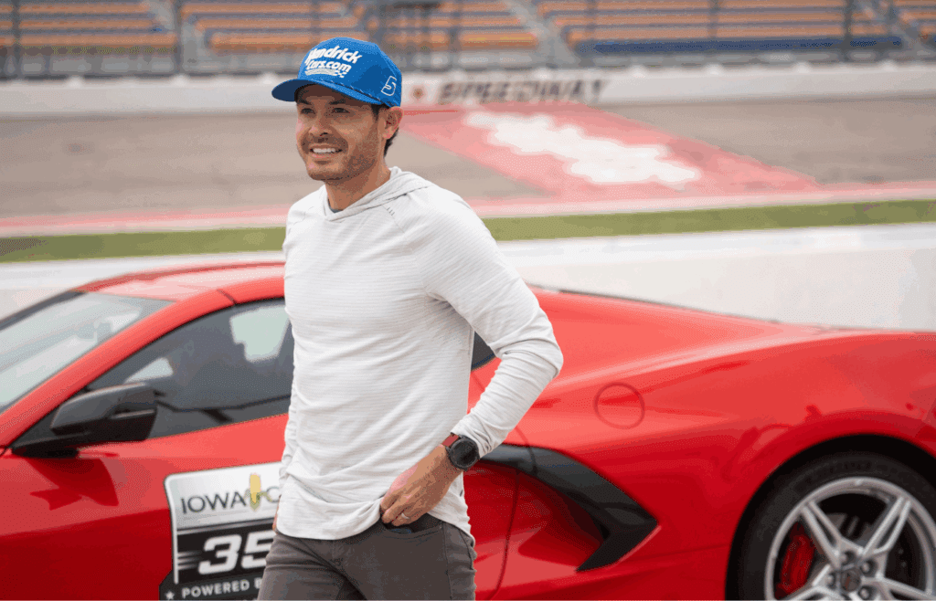 NASCAR Cup Series driver Kyle Larson walks on pit road at Iowa Speedway on April 18, 2025, in Newton.