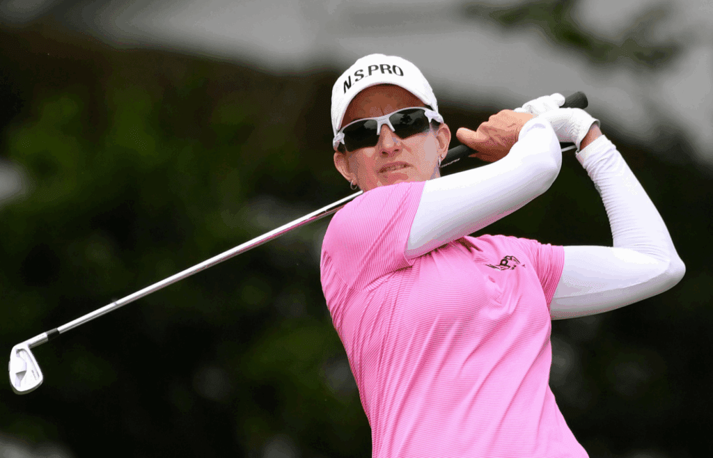 May 31, 2019; Charleston, SC, USA; Karrie Webb tees off on the 3rd hole during the second round of the U.S. Women's Open golf tournament at Country Club of Charleston. Mandatory Credit: Jasen Vinlove-Imagn Images