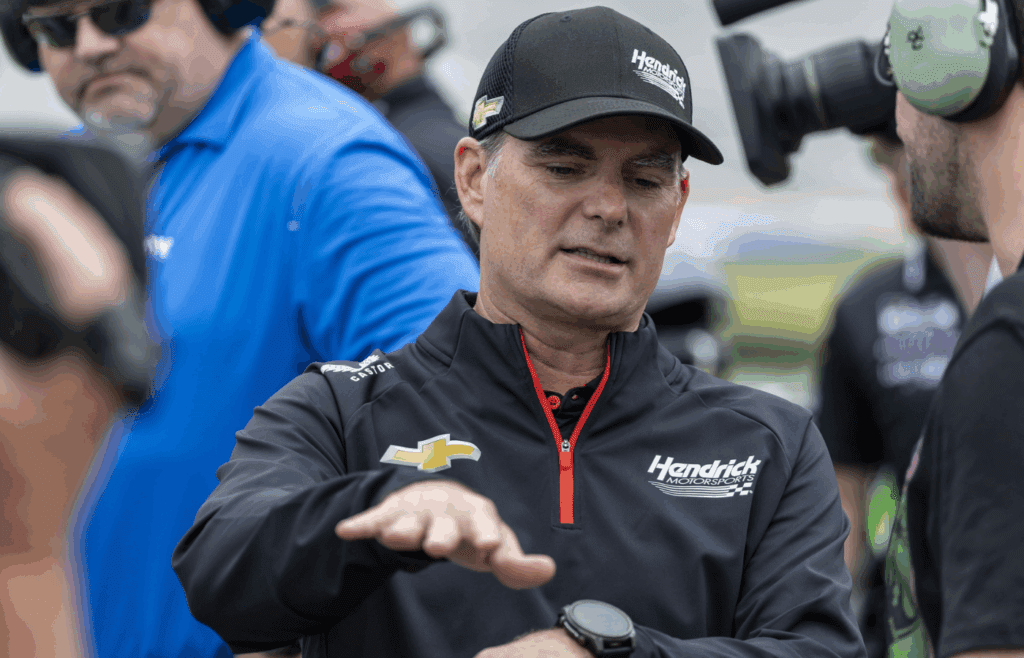 Apr 26, 2025; Talladega, Alabama, USA; Former driver Jeff Gordon talks with the media during Jack Link's 500 qualifying at Talladega Superspeedway. Mandatory Credit: Vasha Hunt-Imagn Images