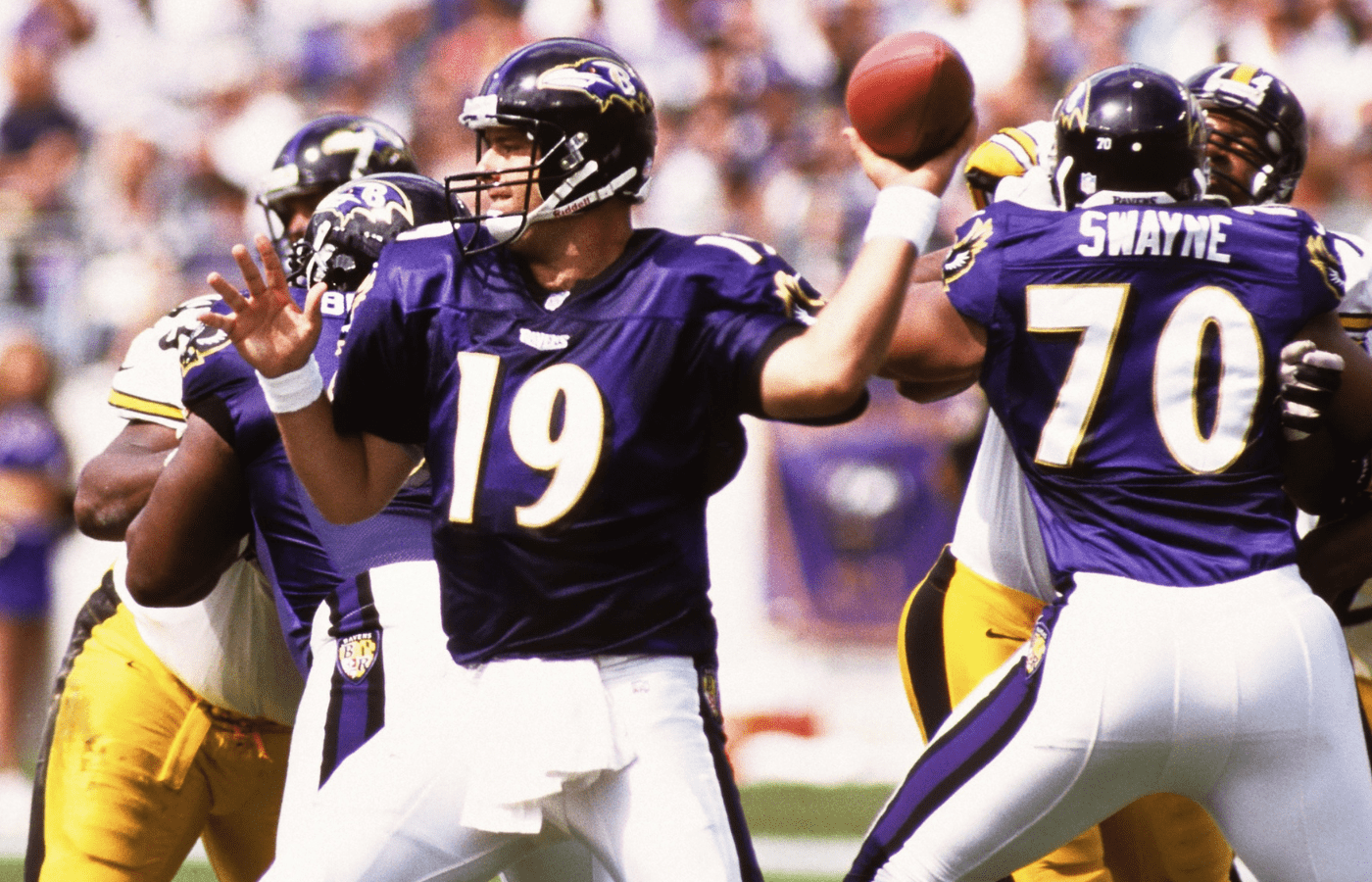 Sep 19, 1999; Baltimore, MD, USA; FILE PHOTO; Baltimore Ravens quarterback Scott Mitchell (19) in action against the Pittsburgh Steelers at PSINet Stadium. Mandatory Credit: Lou Capozzola-USA TODAY NETWORK
