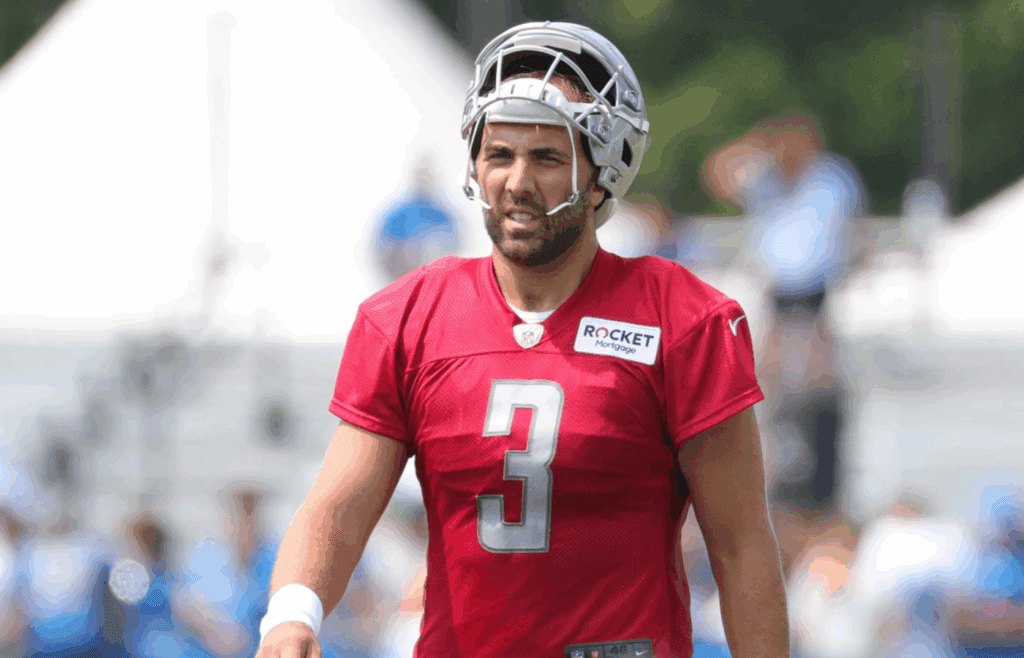 Lions quarterback Tom Savage leaves the field after practice during training camp on Thursday, July 25, 2019, in Allen Park. Lions