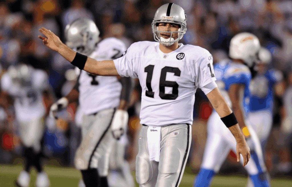 Dec. 04, 2008; San Diego, CA, USA; Oakland Raiders backup quarterback Andrew Walter (16) walks off the field following an interception during the second half against the San Diego Chargers at Qualcomm Stadium. The Chargers won 34-7. Mandatory Credit: Christopher Hanewinckel-Imagn Images